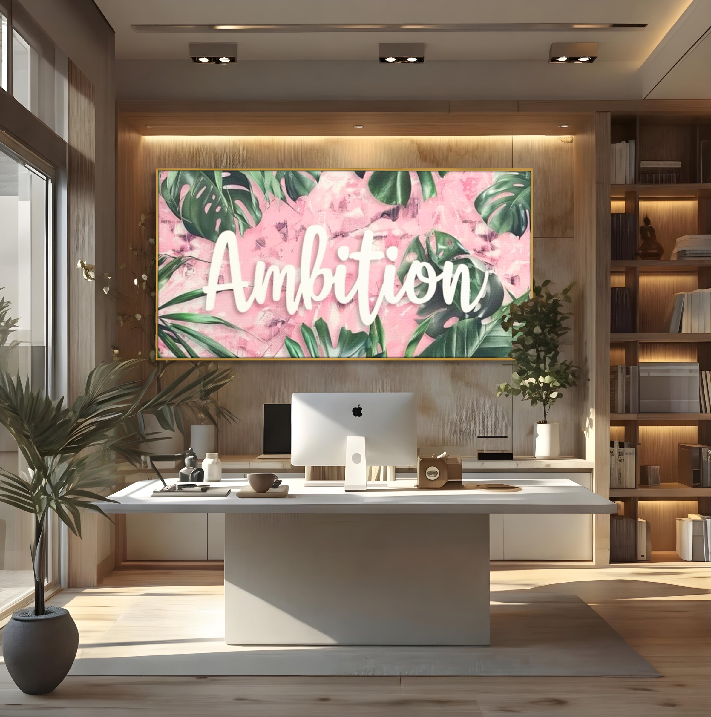 Tablou canvas cu tablou canvas cu frunze tropicale si text, in rama de aluminiu auriu, pe perete intr-un birou